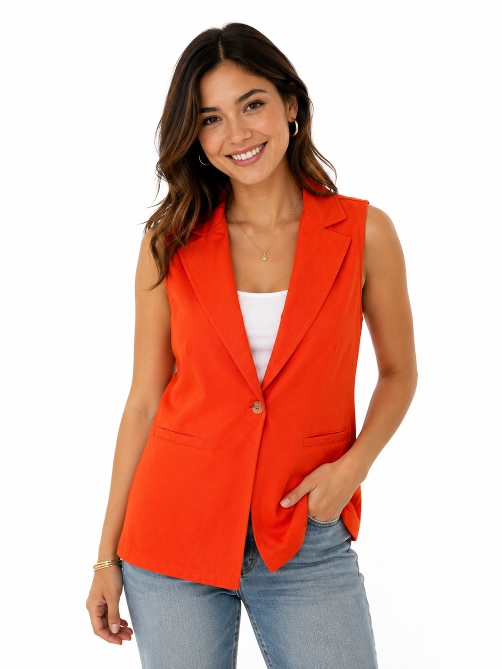 Japna Sleeveless Single-Button Blazer Vest in Bright Orange